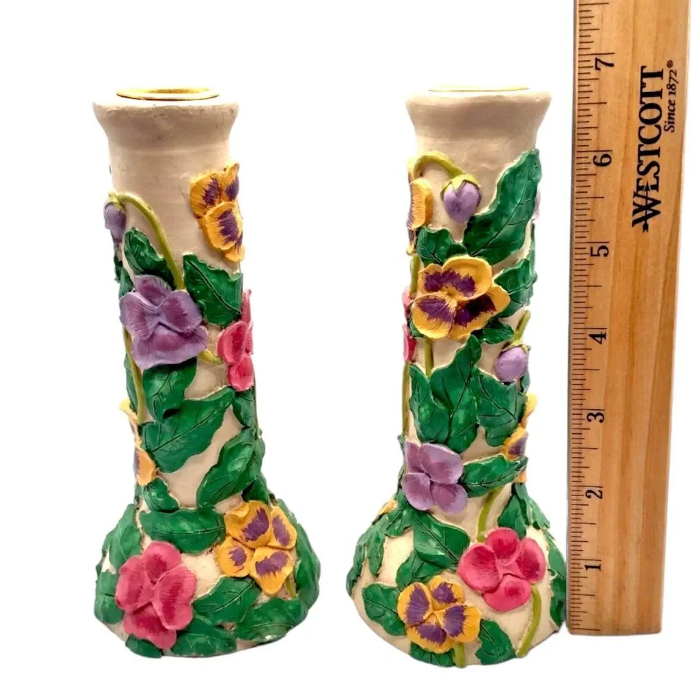 Vintage Floral Hand Painted Candle Holders 3D Resin & Brass Colorful 7" Flowers - Picture 7 of 10